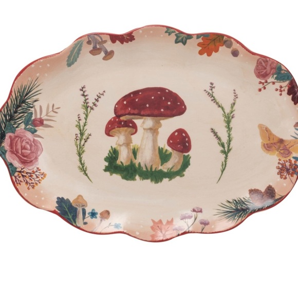 Creative Co-Op Ceramic Platter with Woodland Flora and Red Rim, Multi Color - Picture 2 of 2